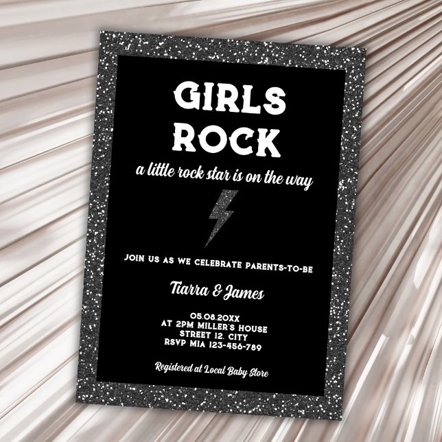 Rock Star Girl Baby Dusche Black Rock and Roll Einladung (little rock star rock and roll girl baby shower invitation)