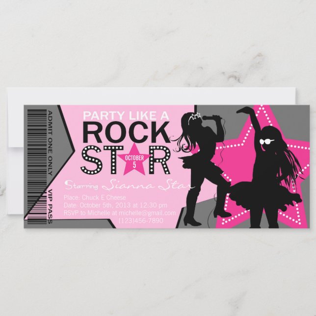 Rock Star Girl Band Geburtstag Pink Grau Einladung (Vorderseite)