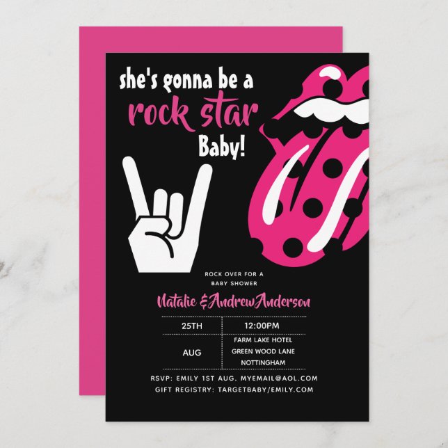 ROCK STAR Girls Babydusche Hot Pink Moderne Musik Einladung (Vorne/Hinten)
