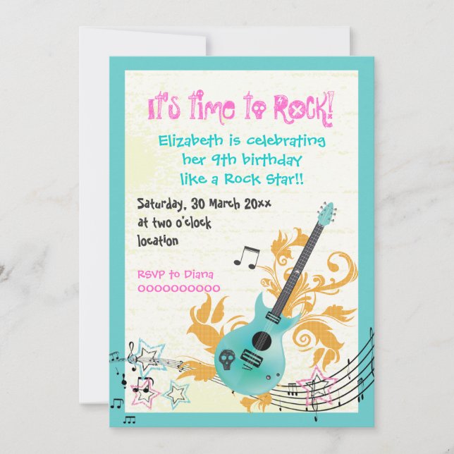 Rock star mädchenhafte Gitarre Geburtstag Einladung (Vorderseite)