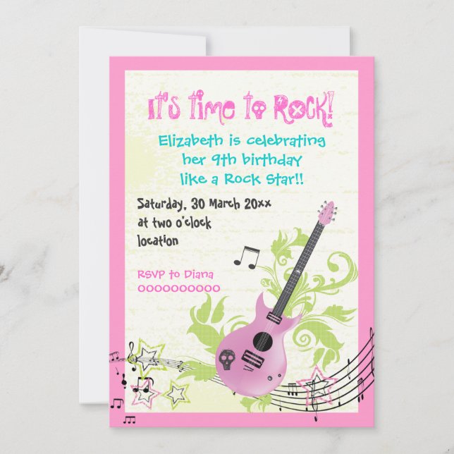 Rock star mädchenhafte Gitarre Geburtstag Einladung (Vorderseite)