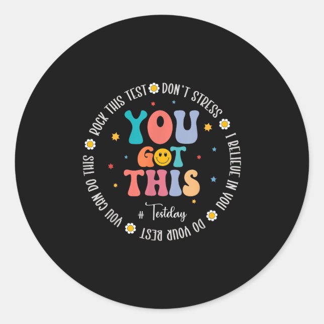 Rock The Test Teacher Testing Day Motivational Tes Runder Aufkleber (Vorderseite)