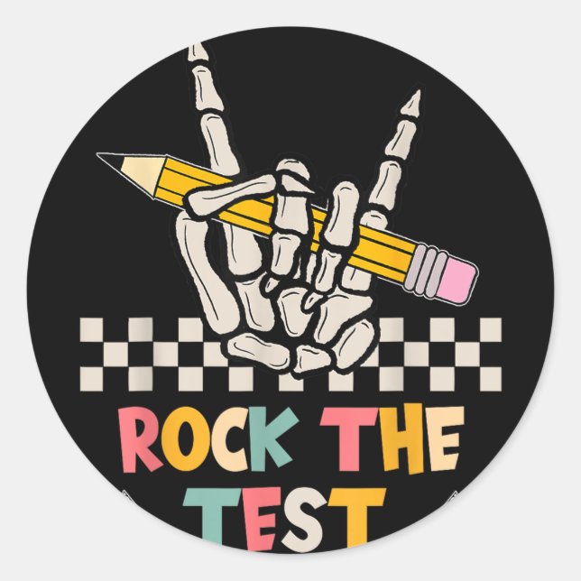 Rock the Test Testday Hand Skeleton Lehrer St. Runder Aufkleber (Vorderseite)