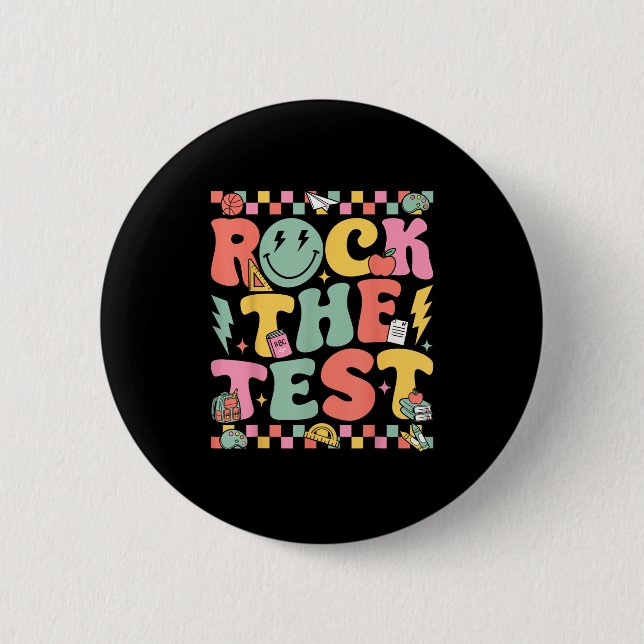 Rock The Test Testing Day Retro Motivational Teach Button (Vorderseite)