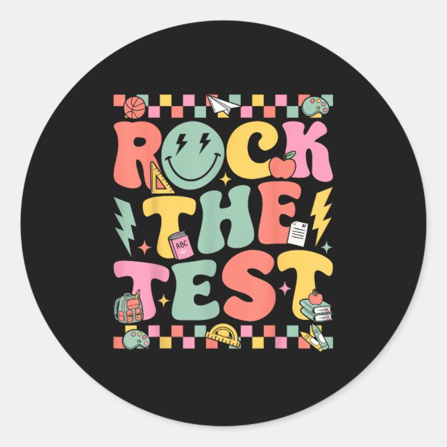 Rock The Test Testing Day Retro Motivational Teach Runder Aufkleber (Vorderseite)