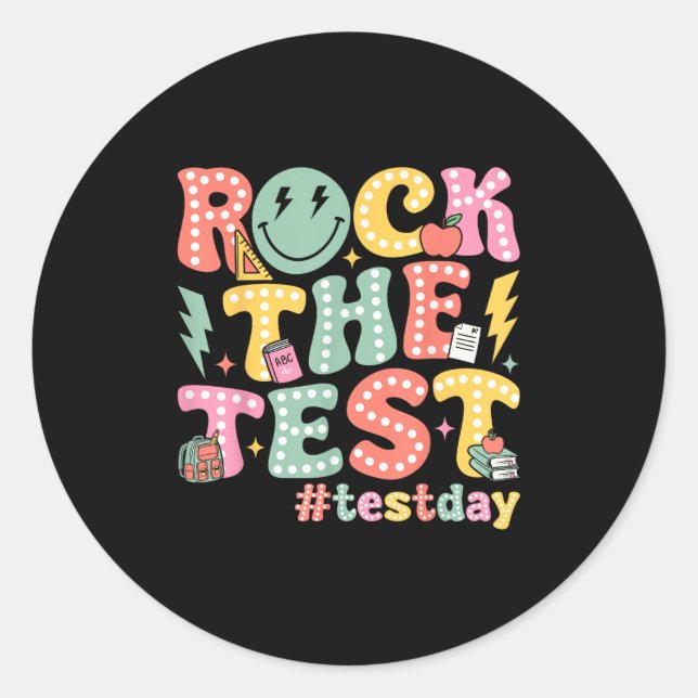 Rock The Test Testing Day Retro Motivational Teach Runder Aufkleber (Vorderseite)