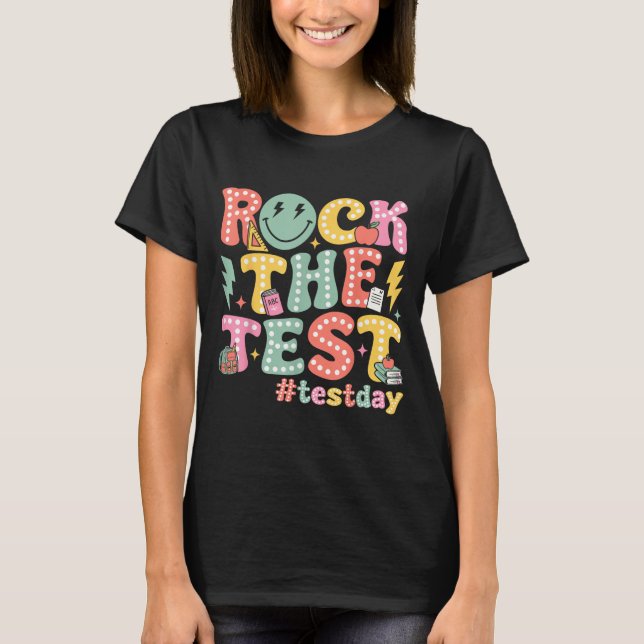 Rock The Test Testing Day Retro Motivational Teach T-Shirt (Vorderseite)