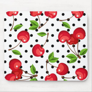 Rockabilly Cherries Polka Dots on White Mousepad