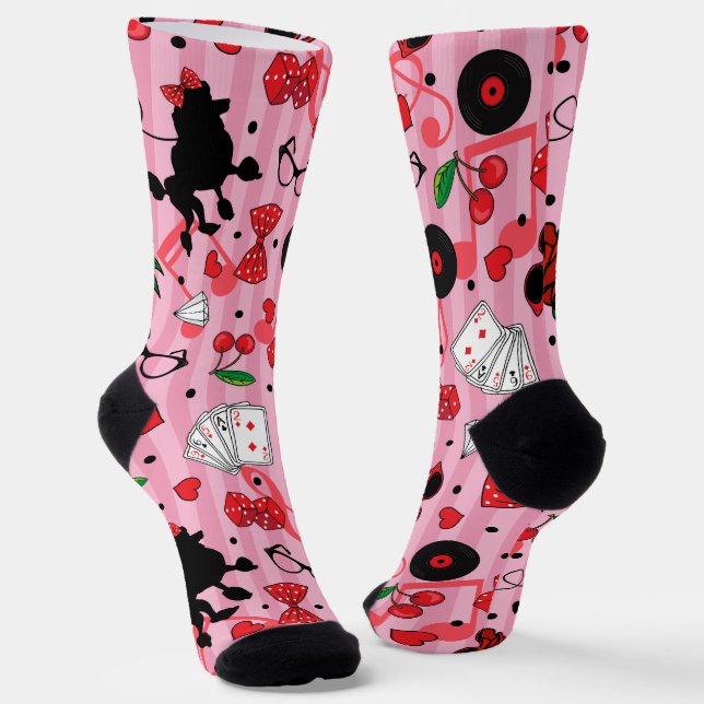 Rockabilly Girly Style Poodle Muster Pink Socken (Gewinkelt)