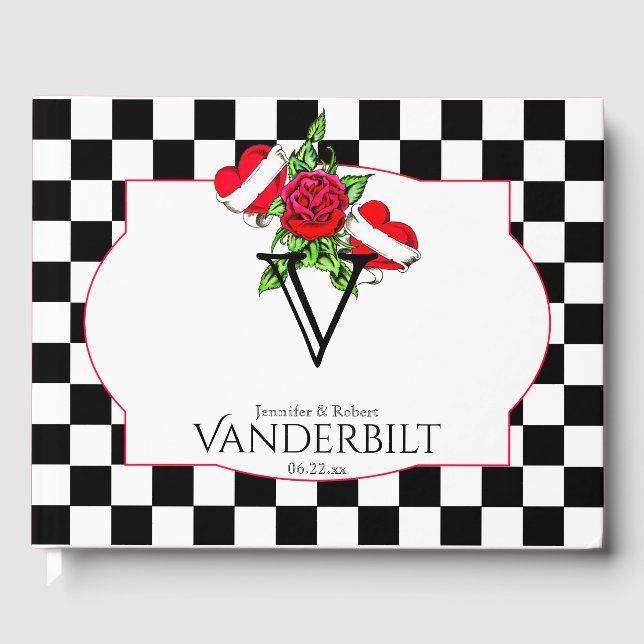 Rockabilly Hearts Rose Wedding Guest Book Gästebuch (Vorderseite)