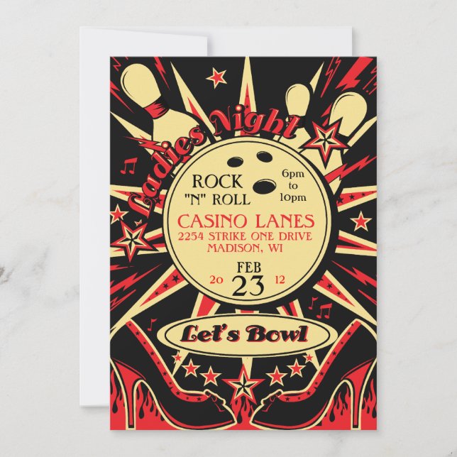 Rockabilly Ladys Party Bowling Einladung (Vorderseite)
