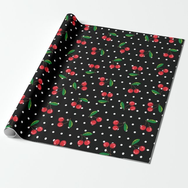Rockabilly Polka Dots and Cherries Birthday Geschenkpapier (Ungerollt)