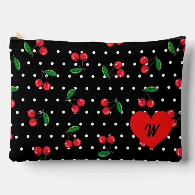 Rockabilly Polka Dots and Cherries Monogram Zubehörtasche (Vorderseite)