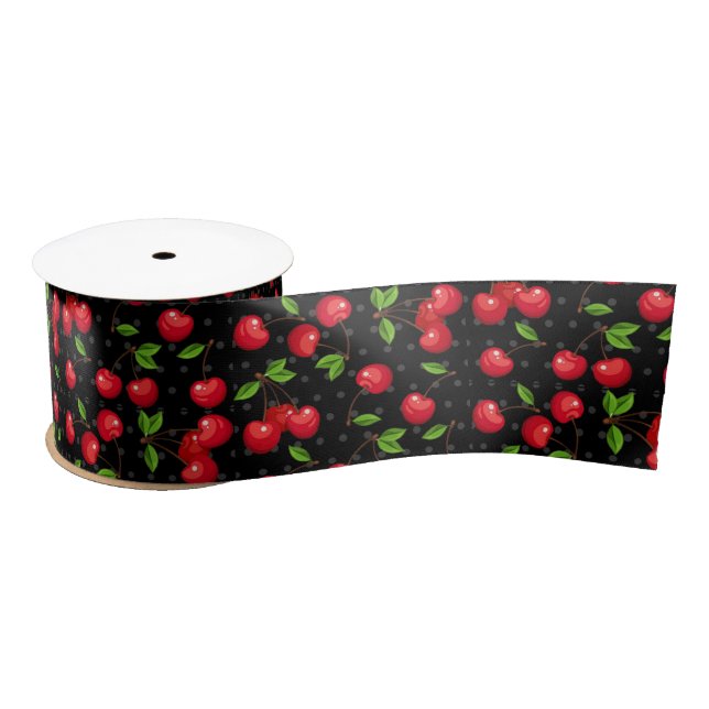 Rockabilly Polka Dots & Cherries auf schwarz Satinband (Spule)