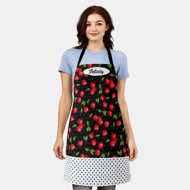 Rockabilly Polka Dots & Red Cherries Personalisier Schürze (Getragen)