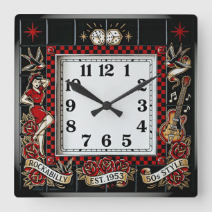 Rockabilly Quadratische Wanduhr