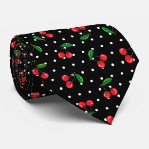Rockabilly Red Cherries and Polka Dots Black Krawatte