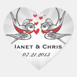 Rockabilly Tattoo Swallows Wedding Save the Date Herz-Aufkleber