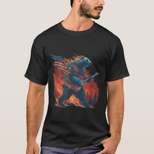Rockbär mit E-Gitarre und brennender Fore T-Shirt (Vorderseite)