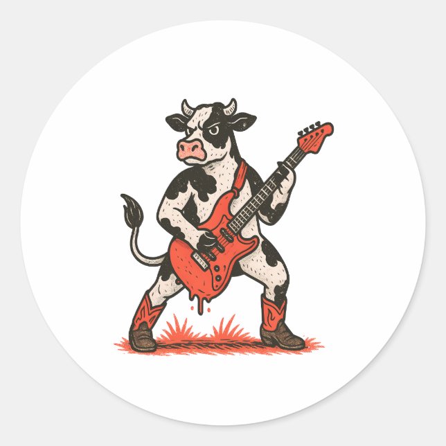 Rocker Kuh PNG, Kuh Gitarre spielen Runder Aufkleber (Vorderseite)