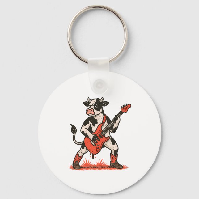 Rocker Kuh PNG, Kuh Gitarre spielen Schlüsselanhänger (Vorderseite)