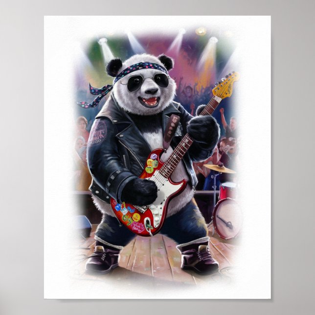 Rocker Panda plays Rock on a White  Poster (Vorne)