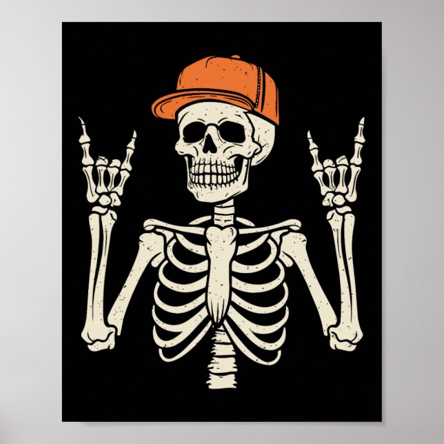 Rocker Skeleton Rock On Hand Halloween Skelett Me Poster (Vorne)