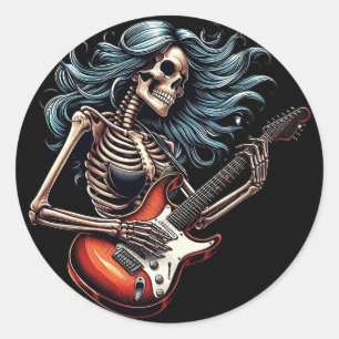 Rocker Skelettin spielt Gitarre Dark Art Runder Aufkleber