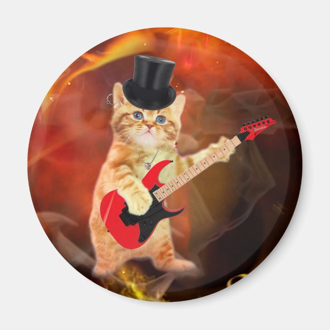 Rockerkatze mit Oberhut und Gitarre Magnet (Vorne)