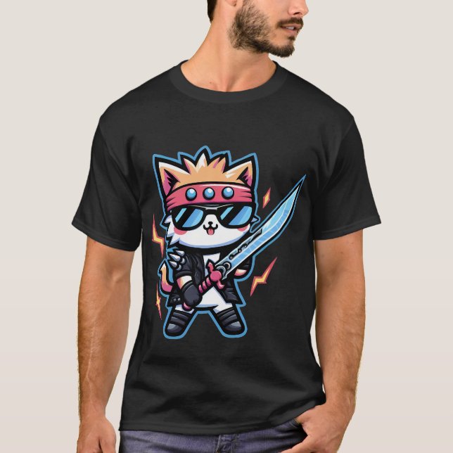 Rockerkatze mit schwarzer Brille und Schwert im St T-Shirt (Vorderseite)
