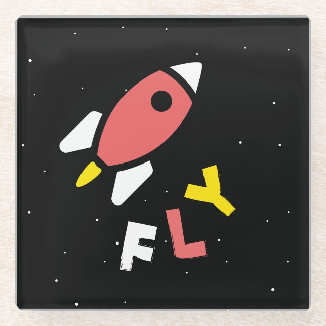 Rocket - Abstrakter Pop Rot & Gelb Art. FLY! Glasuntersetzer (Vorderseite)