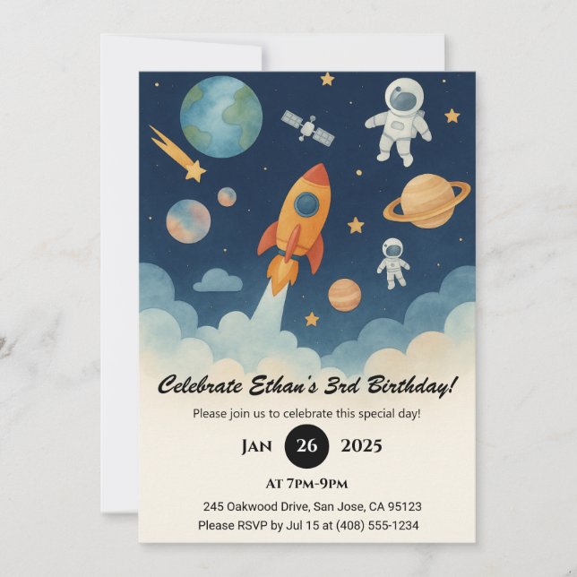 Rocket and Astronaut Space Adventure Birthday  Einladung (Vorderseite)