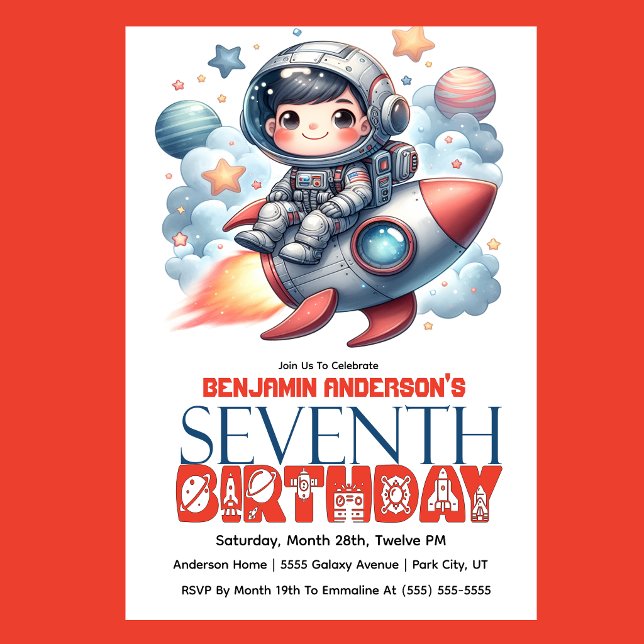 Rocket Astronaut Boy's 7th Birthday Einladung (Space astronaut boy riding rocket 7th birthday party invitation with planets and stars
)