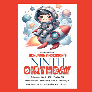 Rocket Astronaut Boy's 9th Birthday Einladung