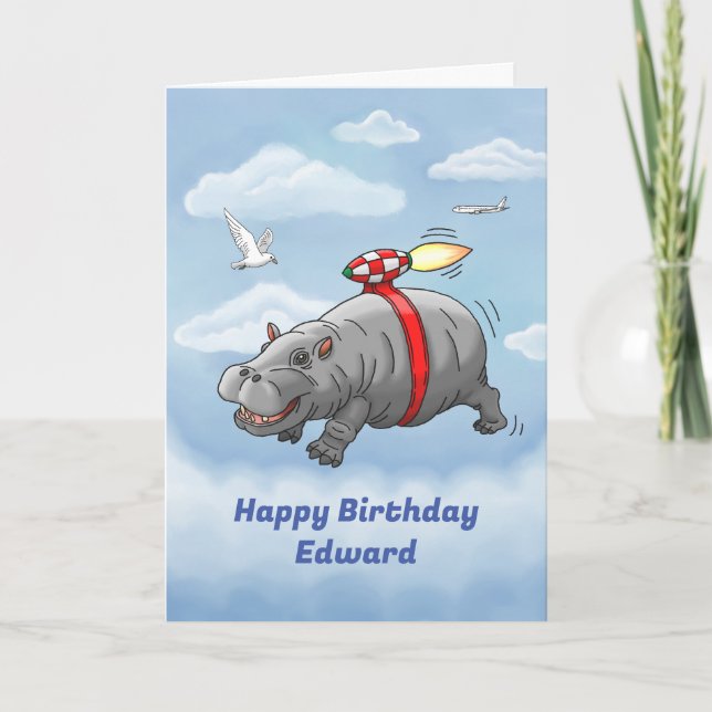 Rocket Hippo Birthday Karte (Vorderseite)