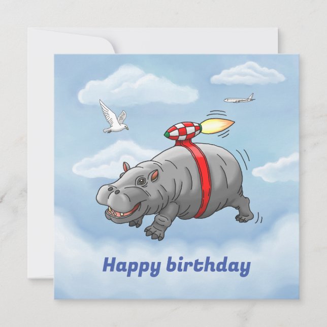 Rocket Hippo Birthday Karte (Vorderseite)