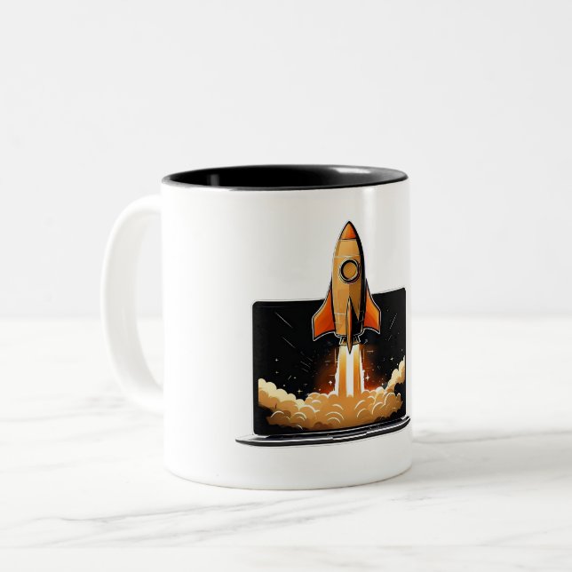 Rocket Launch Laptop Startup Entrepreneur Online B Zweifarbige Tasse (Vorderseite Links)