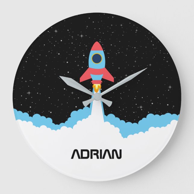 Rocket Launching in Outer Space Custom Name  Große Wanduhr (Vorderseite)