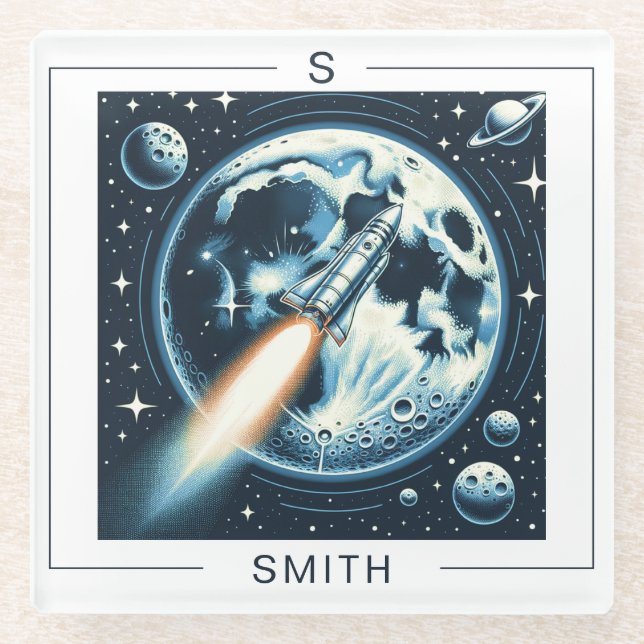 Rocket Moon Space Monogramm Glasuntersetzer (Vorderseite)