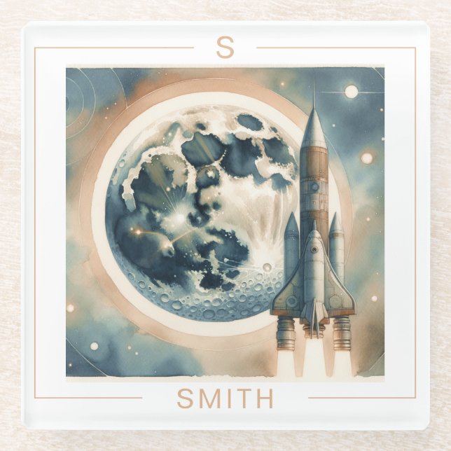 Rocket Moon Space Monogramm Glasuntersetzer (Vorderseite)