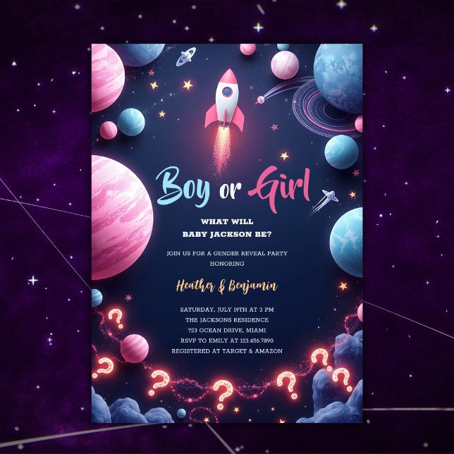 Rocket Planets Outer Space Boy Girl Gender Reveal Einladung (Rocket Planets Outer Space Boy Girl Gender Reveal Invitation)