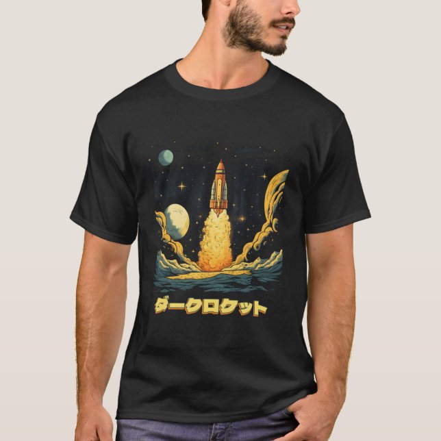 Rocket Retro Dark Spaceship Steampunk Japanischer  T-Shirt (Vorderseite)