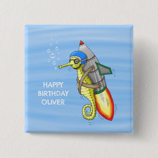 Rocket Seepferdchen Geburtstag Button (Vorderseite)