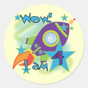 Rocket Ship 4. Geburtstag T - Shirt und Geschenke Runder Aufkleber