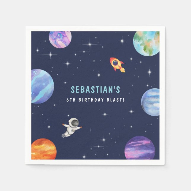 Rocket Ship Astronaut Geburtstagspartei Wasserfarb Serviette (Vorderseite)