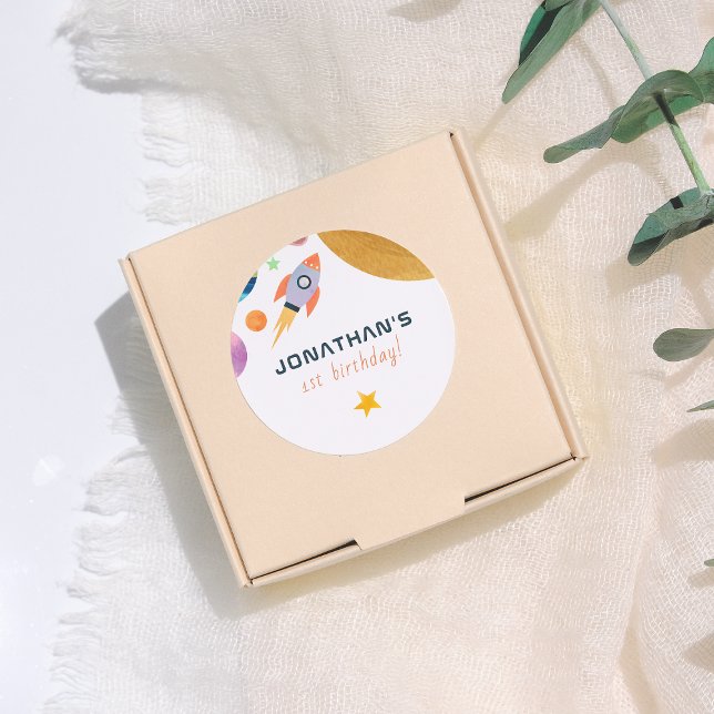 Rocket Ship Trip Around The Sun Space Boy Birthday Runder Aufkleber (Von Creator hochgeladen)