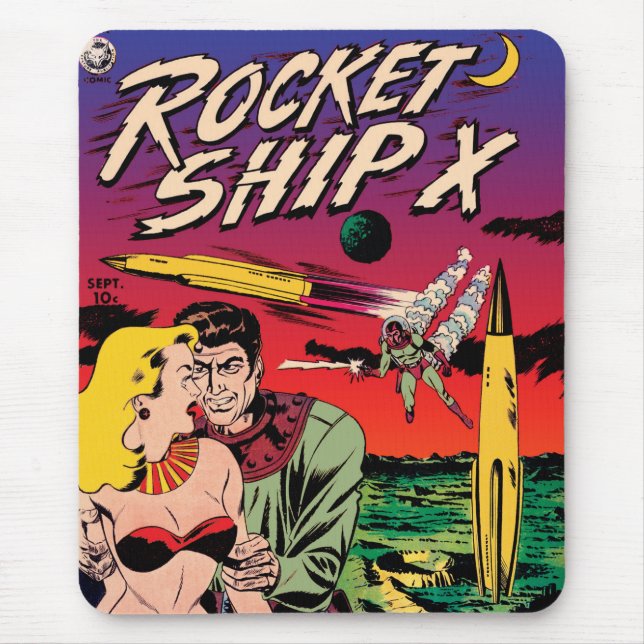 Rocket Ship X Vintage Sci Fi Comic Buchabdeckung Mousepad (Vorne)