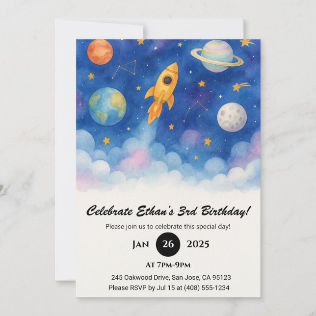 Rocket Space Birthday Einladung (Vorderseite)