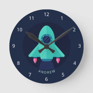 Rocket Spaceship Baby Boy Kinderzimmer Space Thema Runde Wanduhr