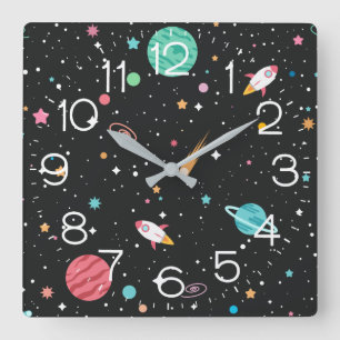 Rockets And Planets Square Wall Clock Quadratische Wanduhr